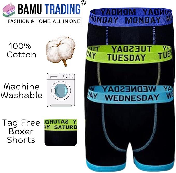 Boys Days Of The Week 7 Pack Boxer Shorts Comfort Fit Cotton Rich Stretch Underwear Trunks 7-13 1