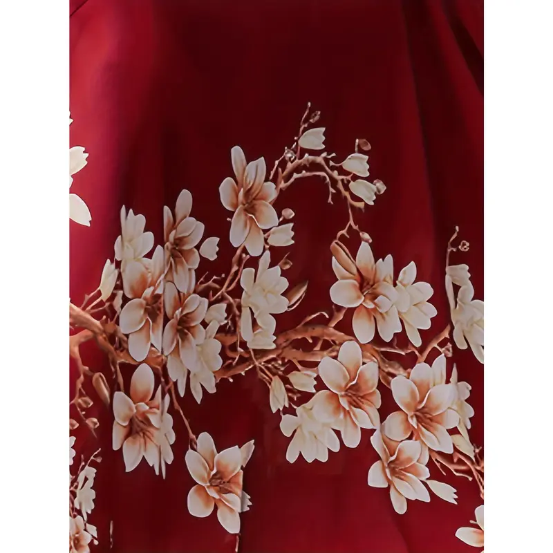 Long Sleeve Midi Polyester A-Line Dress - Elegant Floral Print Crew Neck for Women - Spring/Fall 1
