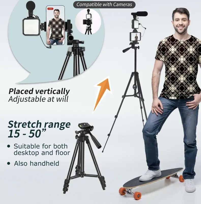 Smartphone Video Vlogging Kit with LED Light, 1 Piece Starter Kit with Mini LED Light & Cardioid Microphone & Phone Clip & Tripod for Live Broadcasting, Video Calling, Compatible with iPhone, Android Accessories Compact Selfie Recording 5