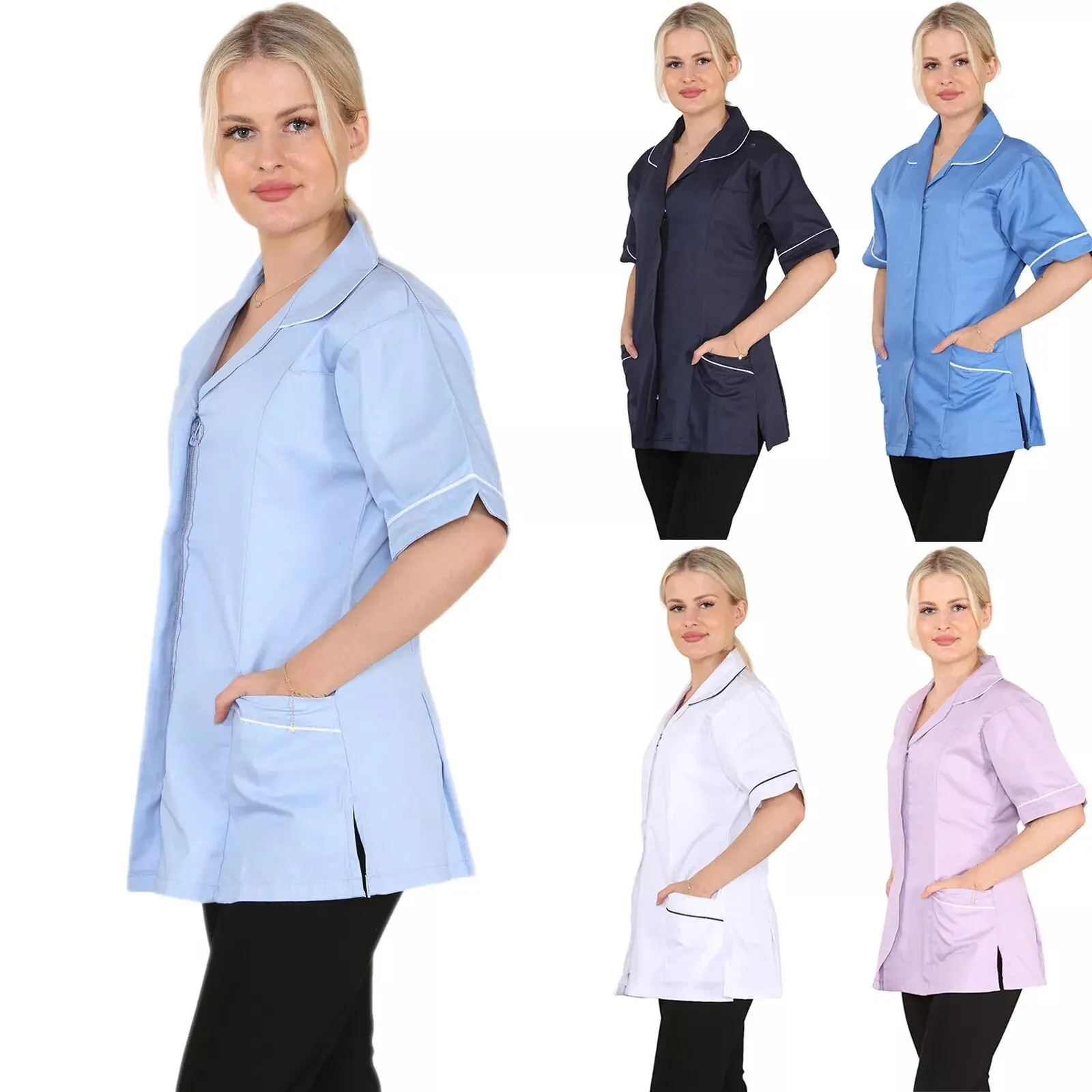 WOMENS TUNIC SHIRT LADIES HEALTHCARE NURSING UNIFORM CARER WORK SALON TOP BLOUSE Collar Cotton Fashion Womenswear Clothing Hospital Navy Pockets Polyester Short
