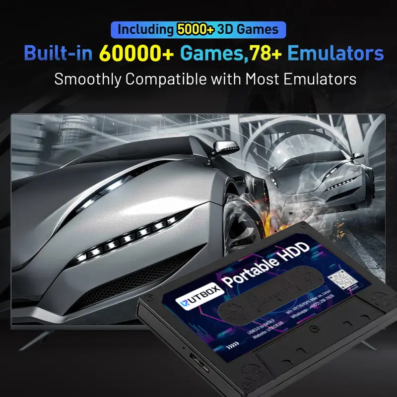 500G Portable External  Hard Drive Disk, Batocera 33 Game System, for Laptop/PC/Windows 3