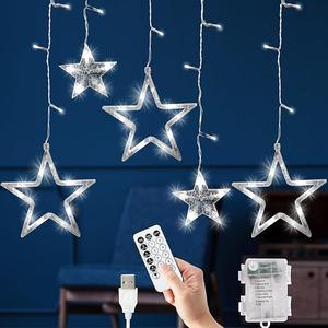 GloBrite Christmas Curtain Lights, 12 Star & 138 LED Lights - Christmas Star Light, 8 Modes - Christmas Decorations - Christmas Window Lights, USB & Battery Christmas Lights Indoor (Cool White)