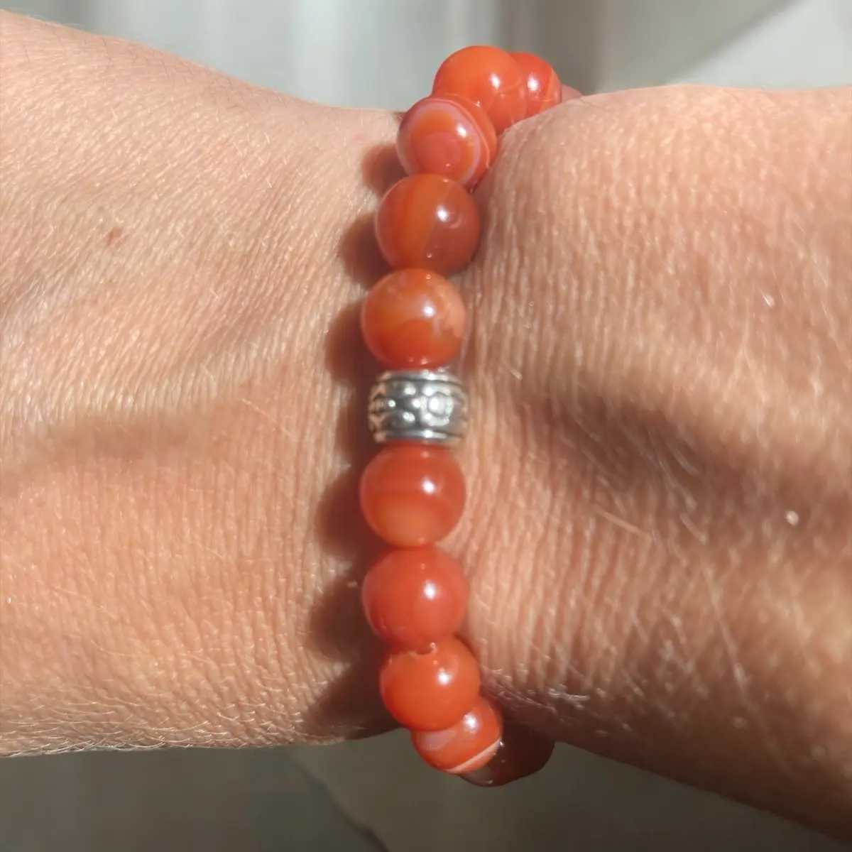 Gorgeous homemade carnelian crystal bracelet with the natural swirls & lines within the high grade polished carnelian. Free delivery & gift!