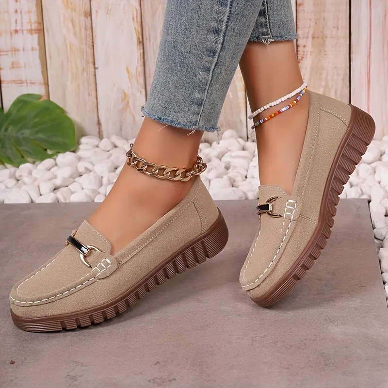 Chic & Comfortable Women's Loafers - Lightweight, All-Season Slip-On with Metallic Buckle, Versatile Solid Color Design