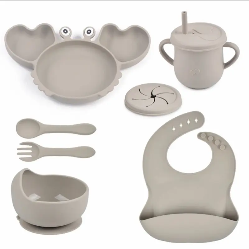 Crab Baby Toddler Weaning Set with Silicone Bib, Suction Bowl, Plate, Spoon, and Cup 8