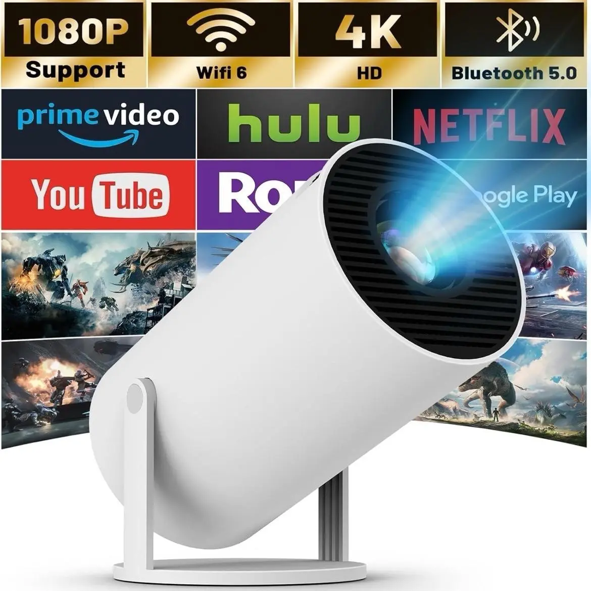 [Built-in Apps] Mini Projector with WIFI 6 and Bluetooth, 4K 1080P Support Portable Projector 180° Rotatable 130'' Screen Movie Projector Auto Keystone Compatible for Laptop, PC, Smartphone (HY300 Pro)