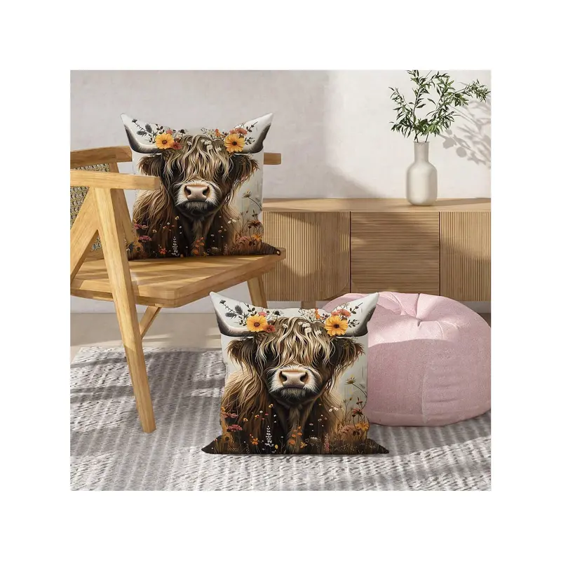 2PCS Highland Cow Botanical Flower Brown Polyester Throw Pillow Covers, Farmhouse Animal Rustic Nature Pillow Covers, Decorative Cushion Covers 45*45Cm/18 "X18", For Living Room Bedroom Sofa Bed Decoration 4