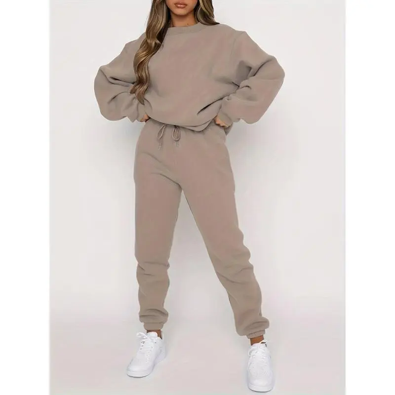 Two-Piece Solid Color Crew Neck Long Sleeve Top and Drawstring Jogger Pants Set - Soft Micro Elasticity Polyester Fabric, Pocket Details, Casual Wear for All Seasons 4