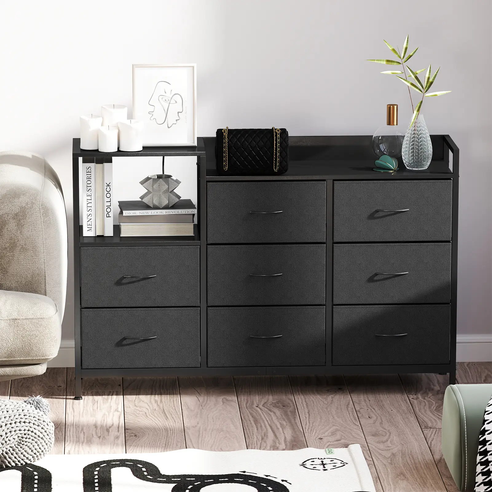 Bedroom Chest of Drawers,Storage Drawers for Bedroom with 1USB , 1 Type-C and 2AC Ports,Contains 8 Fabric Drawers Multi-functional Fabric Drawers Suitable for Bedrooms,Living Rooms,TV Stand