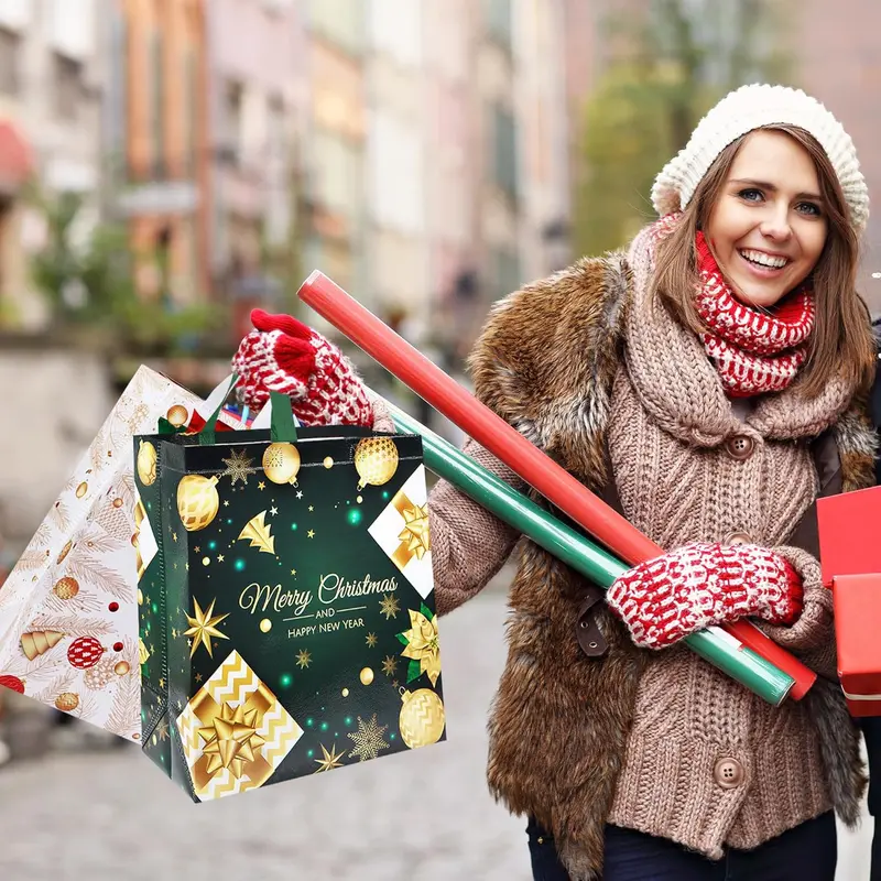 Large Christmas Tote Bags with Handle, 6 Pack Reusable Xmas Grocery Carrier Gift Bags,Waterproof Shopping Bags for Christmas Presents Party Holiday Decoration Lovely Design 3