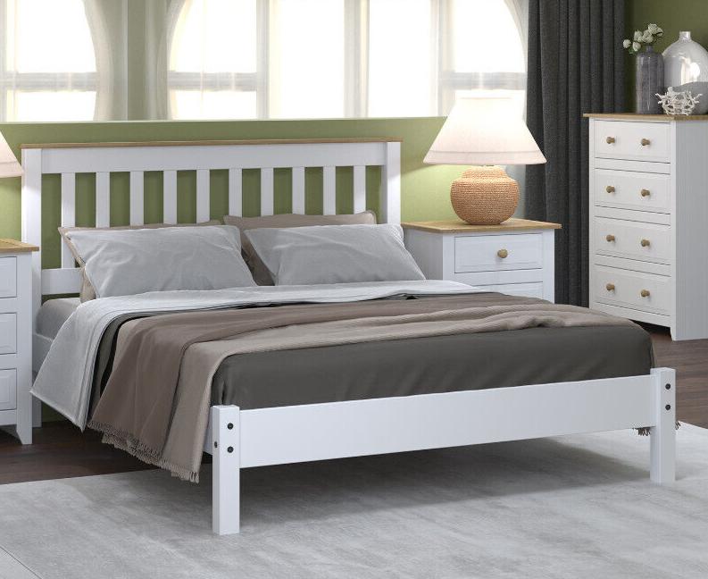 Solid Pine Double Bed Frame Arctic White Finish Antique Waxed Headboard 1