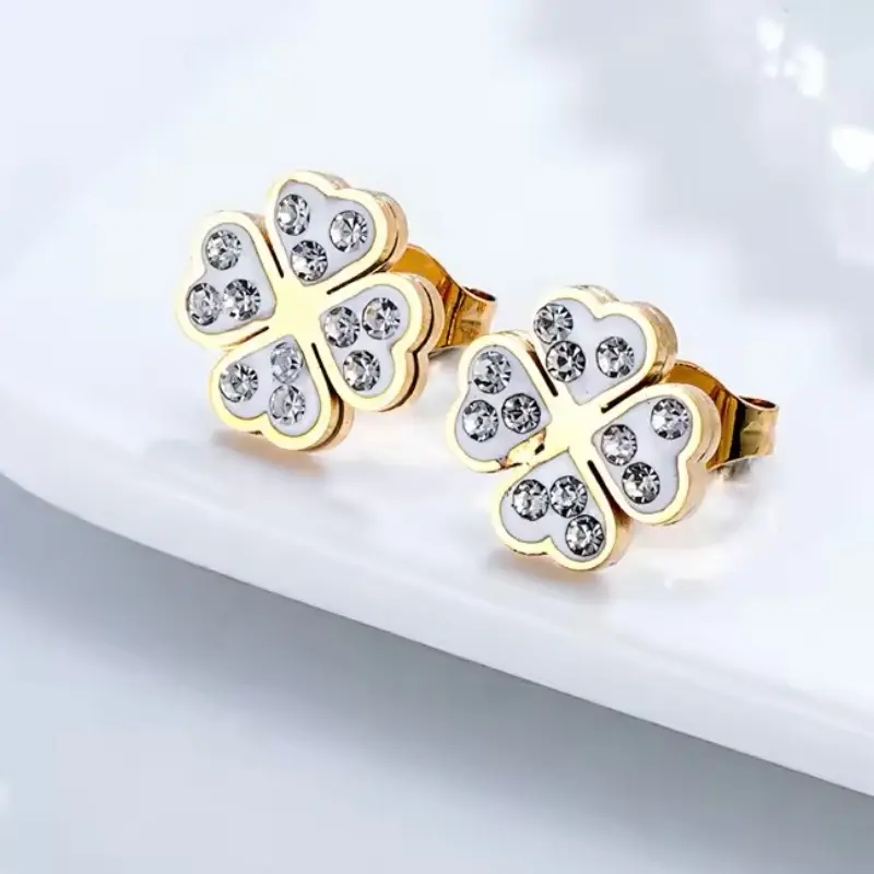 Crystal Clay Clover Earrings Love Heart Leaf Design Gold Plated 14k Stainless Steel Stud Earrings for Girls and Women necklace earring jewellery  gift earings tarnish  free