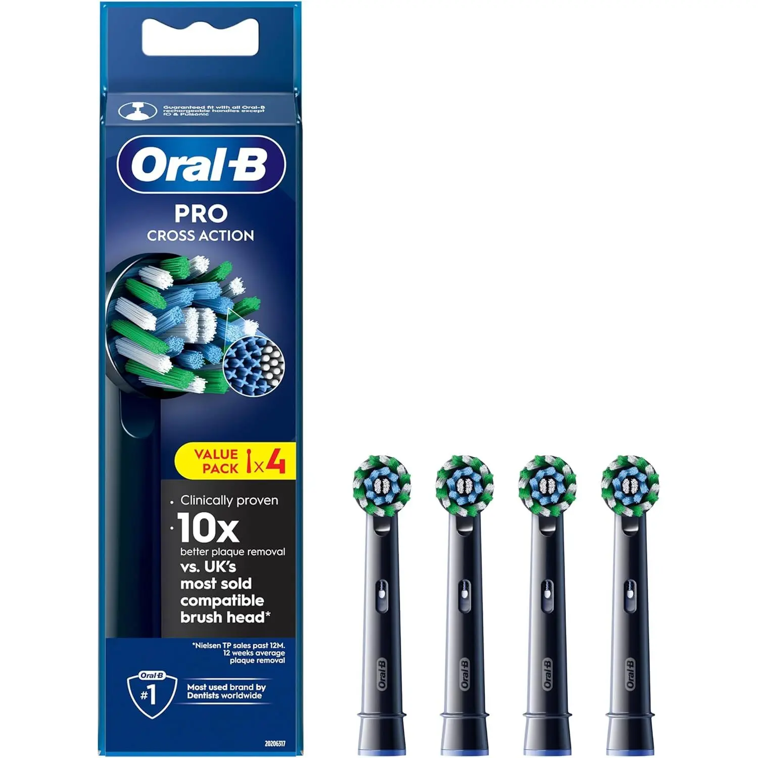 Pro Cross Action Electric Toothbrush Head, Oral B Electric Toothbrush Heads, X-Shape and Angled Bristles for Deeper Plaque Removal, Pack of 4 Toothbrush Heads, Black, Oral B Replacement Heads