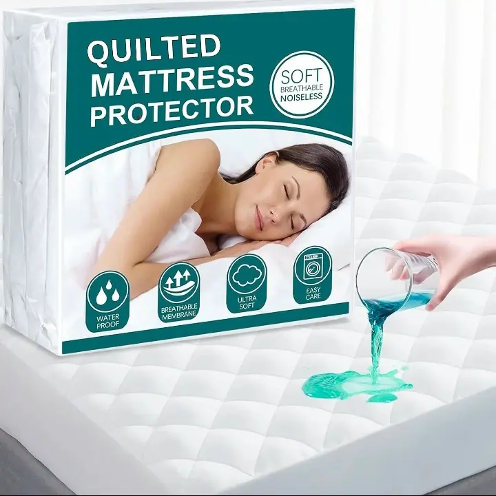 Waterproof Quilted Mattress Protector | 40 CM Extra Deep Skirt | Fitted Sheet Style Bed Cover | Mattress Pad | Hotel Quality Bed Topper | Breathable Soft Mattress Protector Single Small Double Double King Super King Size Mattress Topper
