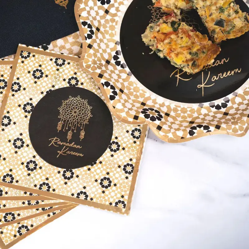 Ramadan Kareem Plate, Cup and Napkin Set - Black & Gold Geometric 2