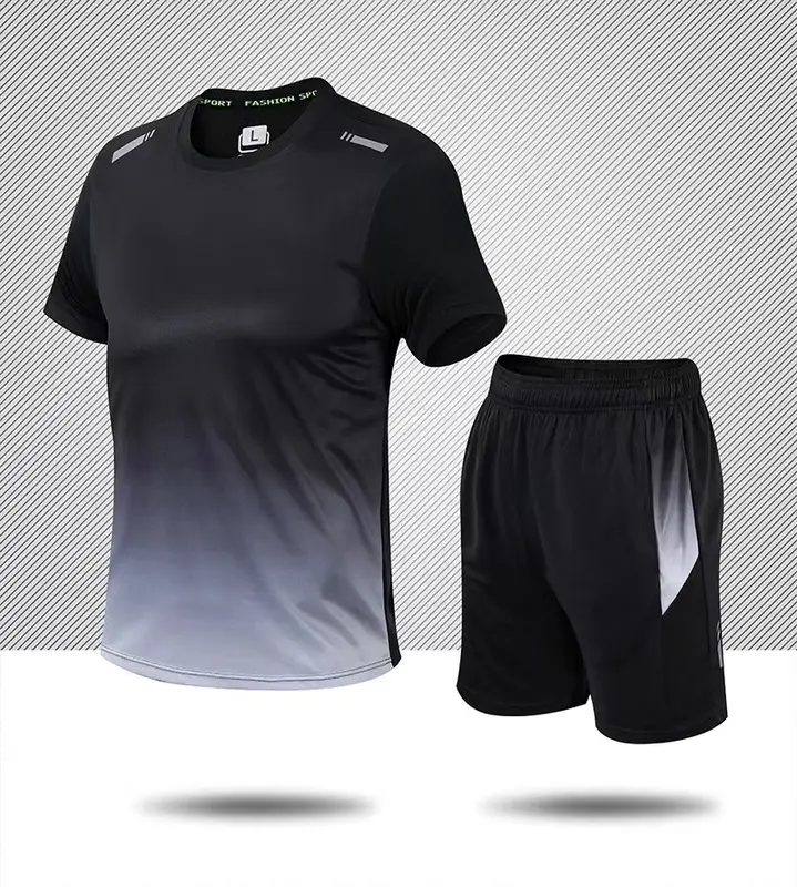 Casual Fitness Men's Ice Silk Quick-Drying Sportswear Suit Summer Short Sleeve Morning Running Feather Basketball Training Room Shorts 2