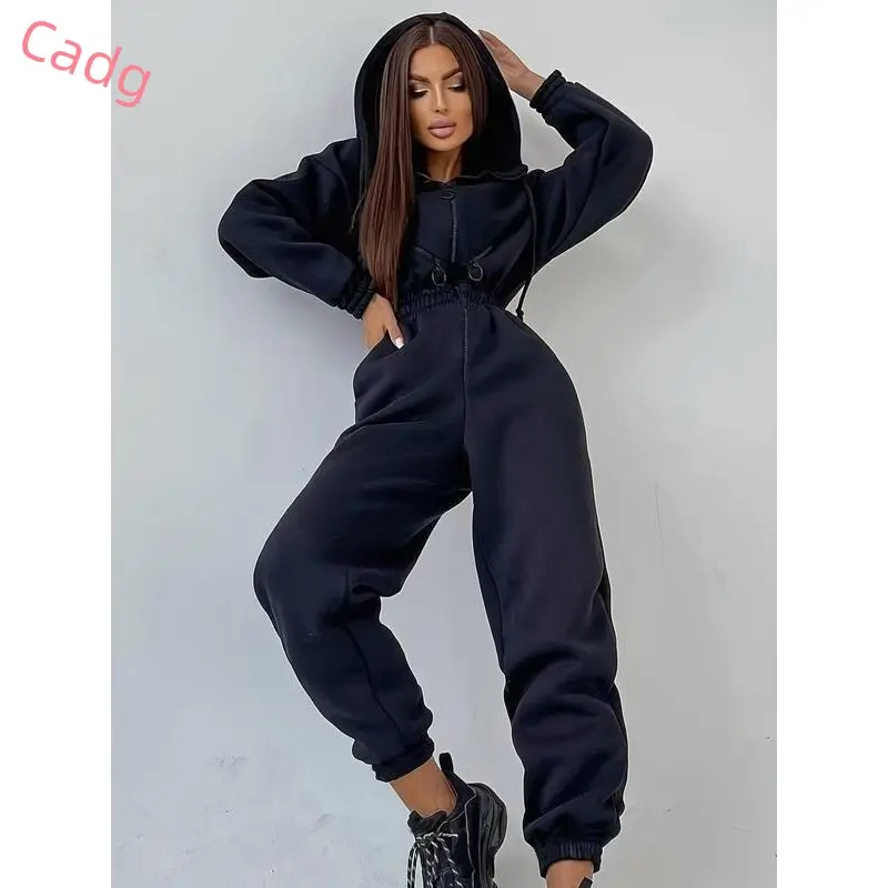 Women's Solid Drop Shoulder Drawstring Hooded Jumpsuit, Casual Long Sleeve Zipper Jumpsuit for Fall & Winter, Women's Clothes for Daily Wear 5