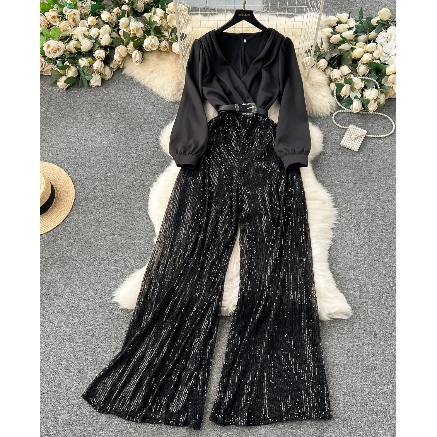 Premium Sense of Luxury Women'S Long-Sleeved V-Neck Shirt Spliced Sequins Long Wide-Leg Jumpsuit