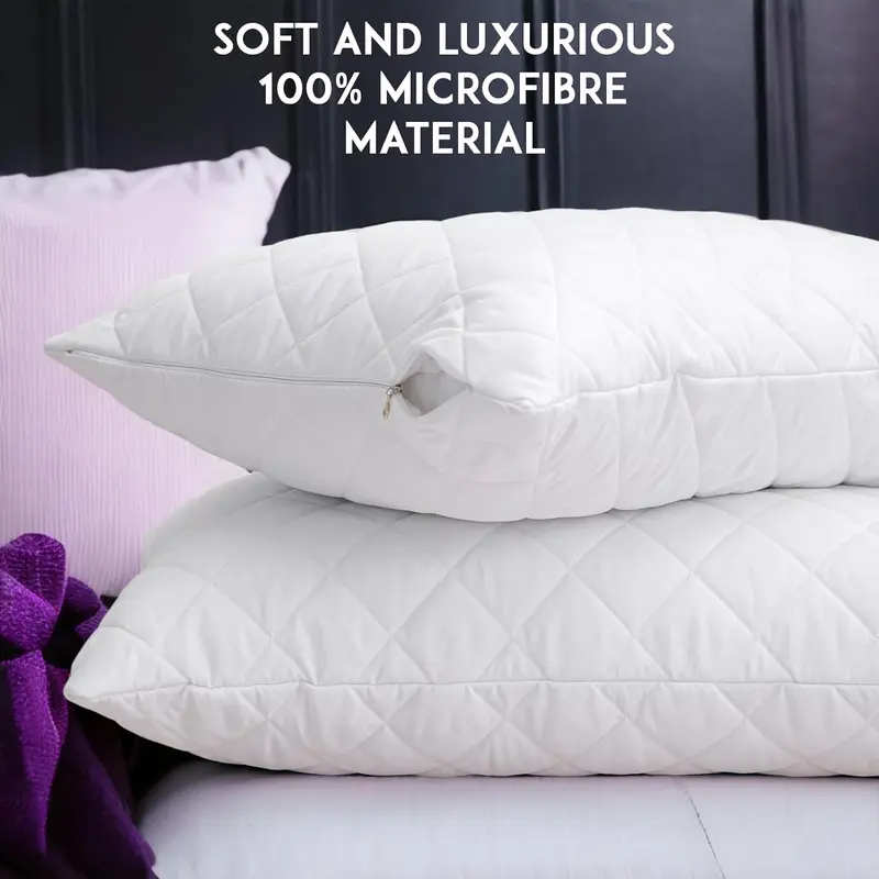 Pack of 4 Zipped Pillow Protector Waterproof Quilted Pillow, White Zippered Bed Pillow Covers Set Quilted Pillowcase, Luxury 100% Microfiber Pillows Encasement Extra Soft, Ant-Allergy & Breathable Comfortable for Bed Protectors Pillow Case (50 x 75 cm) 8