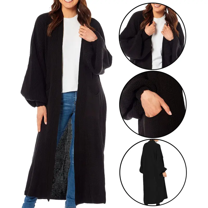 Long Ladies Balloon Sleeve Cardigan Oversized Pocket Chunky Weave Knitted Ribbed Jumper Comfort Knitwear 1