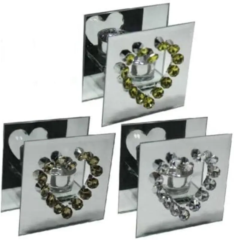 Set Of 3 Heart Tea Light Holder Mirror Glass Candle Xmas Gift Fun Decoration Crystal 0