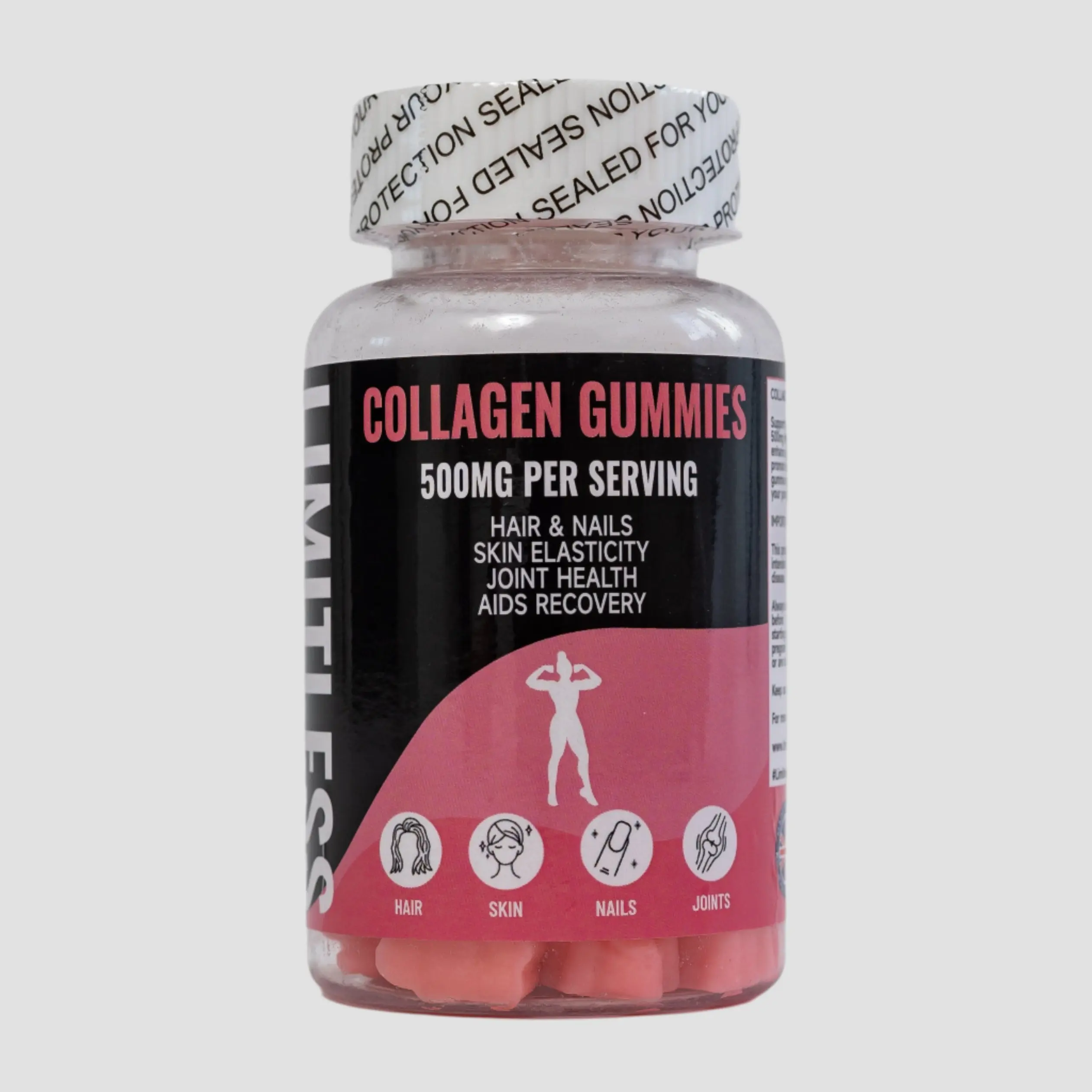 LIMITLESS GAINS – Collagen 500MG Gummies with Vitamins C, D, E, B12, Folic Acid & Biotin – Hair, Skin, Nails & Joint Health – Strawberry Flavour – 60 Gummies | Fitness Healthcare Natural Supplement Dietary Edible Beauty
