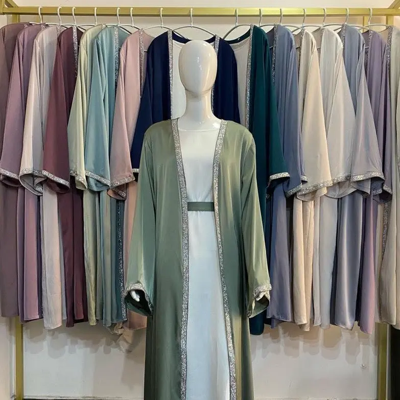 Crescent Modesty Layla Olive Green Open Abaya Set with Inner Abaya and Belt (3 PIECES)- Modest Fashion, Available in 52 - 60, Muslim Fashion Islamic Clothing