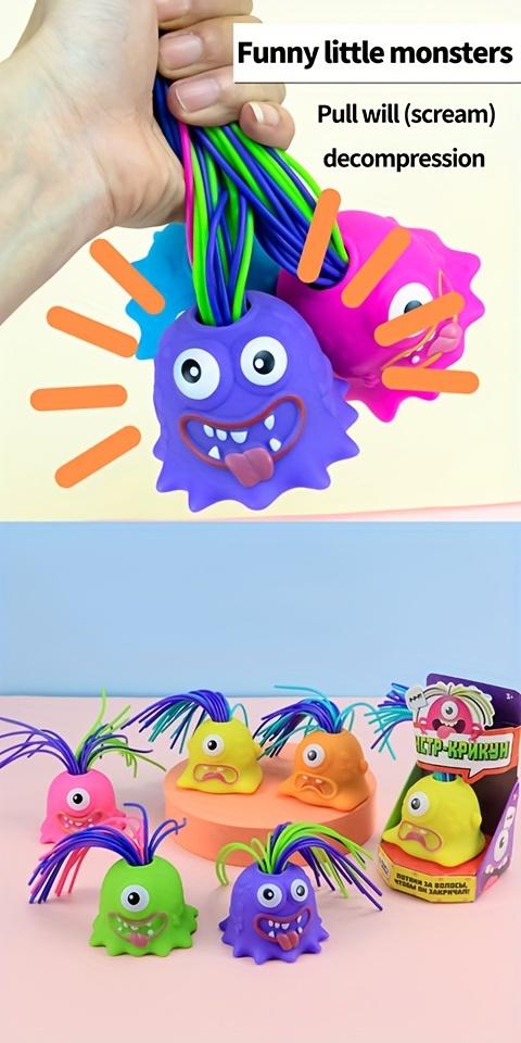 Product Introduction of 1pc Funny Prank Toy, Pull Hair Plush Toy that Screams Loudly, Multiple Sounds, Plastic Material, Random Color (Green, Orange, Pink, Yellow, Purple, Blue), with Back to School, New Semester, Ramadan Mubarak, Easter for Relieving Stress and Novelty Toy 2