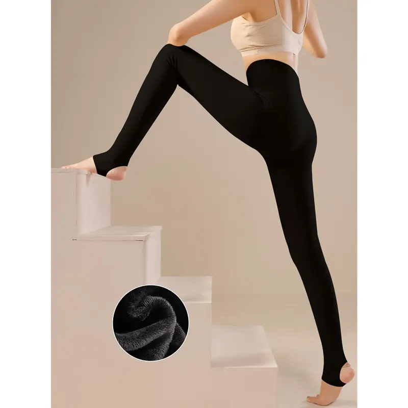 Women's High-Waisted Fleece-Lined Leggings - Black, Pressure Slimming Compression Fit, Warm & Shaping Tights for Fall/Winter, Velvet Soft Polyester Fabric, Elegant Style, Long Length, Perfect for Casual Outings, High Waisted Leggings 2
