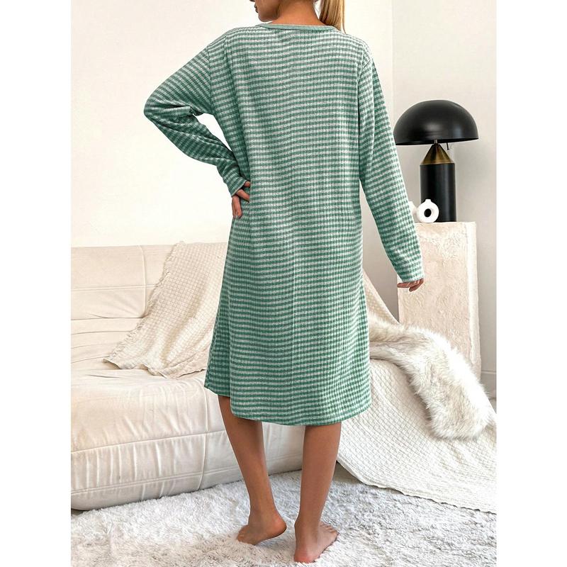 Cottnline Elephant & Letter Embroidery Striped Print Drop Shoulder Nightdress Cotton Fabric Fit Long Sleeve Comfort Casual Homewear Shirts Loungewear Womenswear Nightwear 1