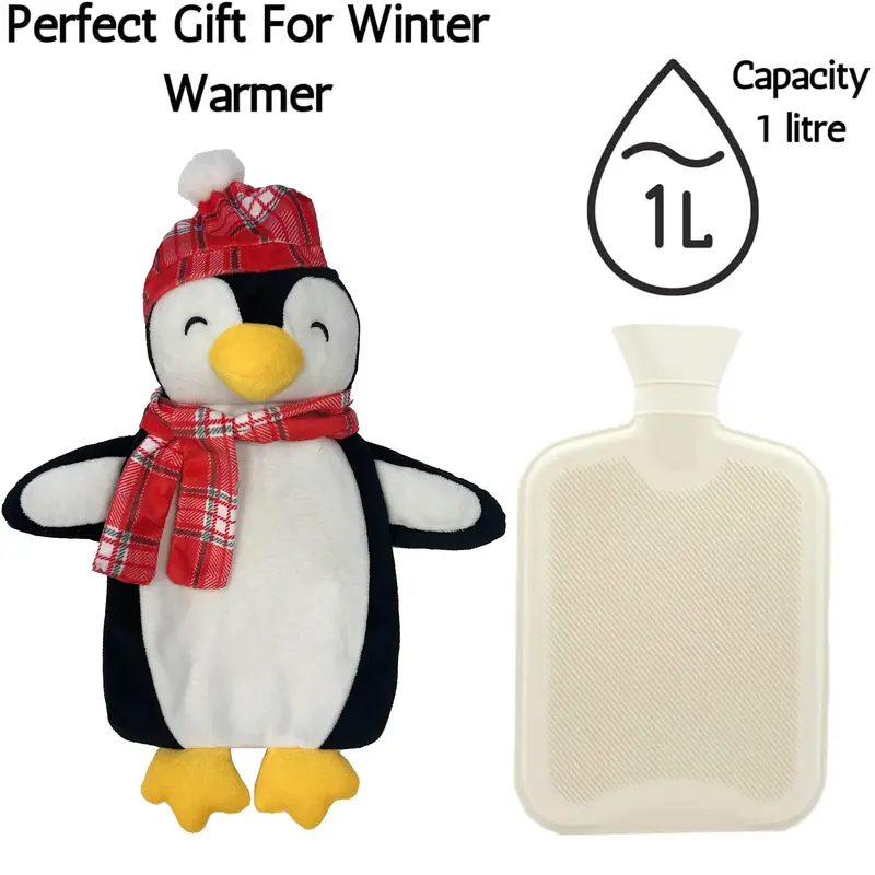 Christmas Hot Water Bottle with Festive Penguin Cover 1L Natural Rubber UK Safe Tested Winter Gift for Kids & Adults by OLIVIA ROCCO 1