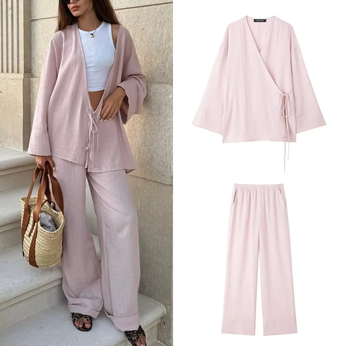 Fashion Slit Shirt Women and Home Clothes 2024 Linen Kimono Shirt Women Solid Color Tie Shirt Casual Straight Trousers Set