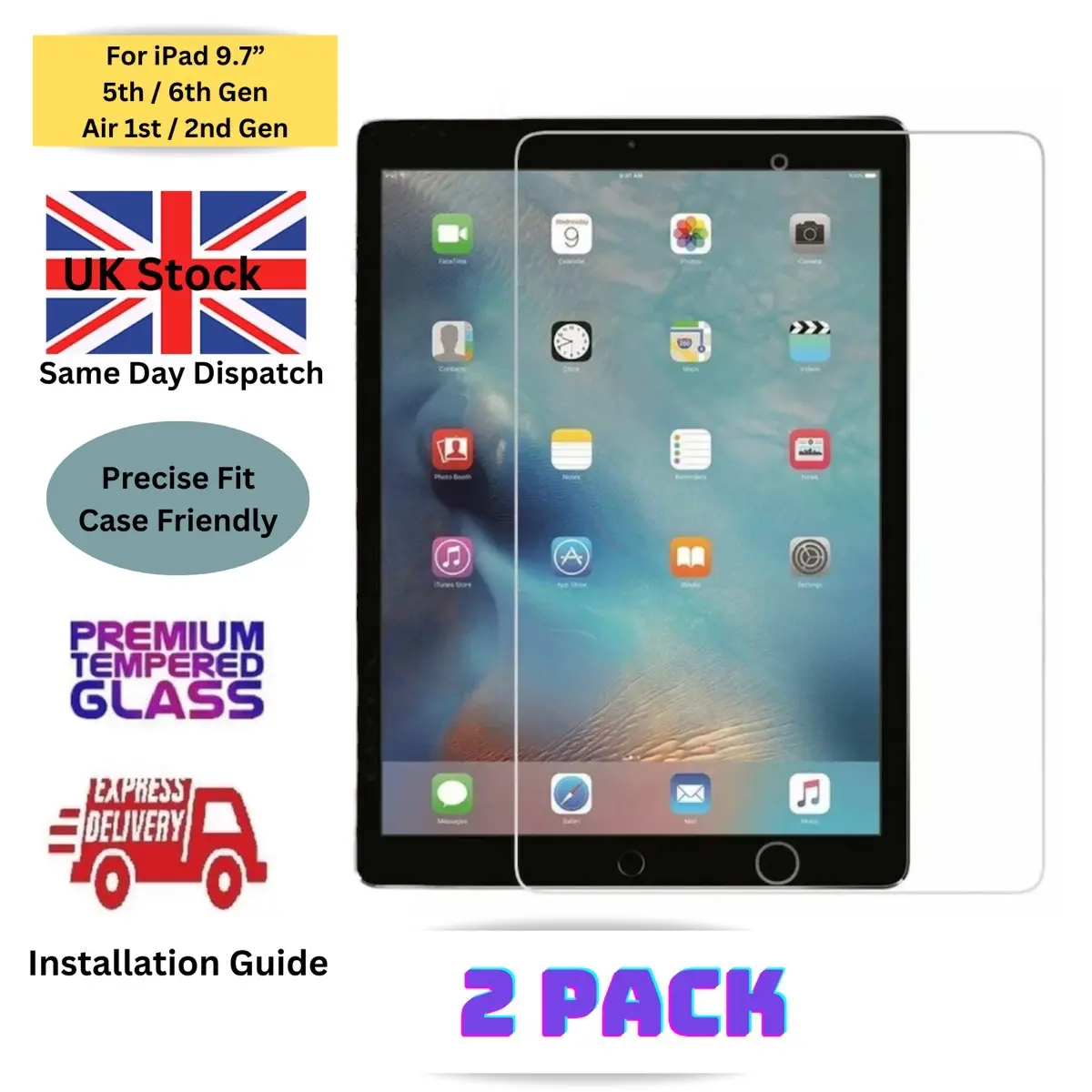 Tempered Glass Screen Protector For iPad 9.7 inch 5 6 Gen Air 1st / 2nd Gen iPad Pro 9.7”