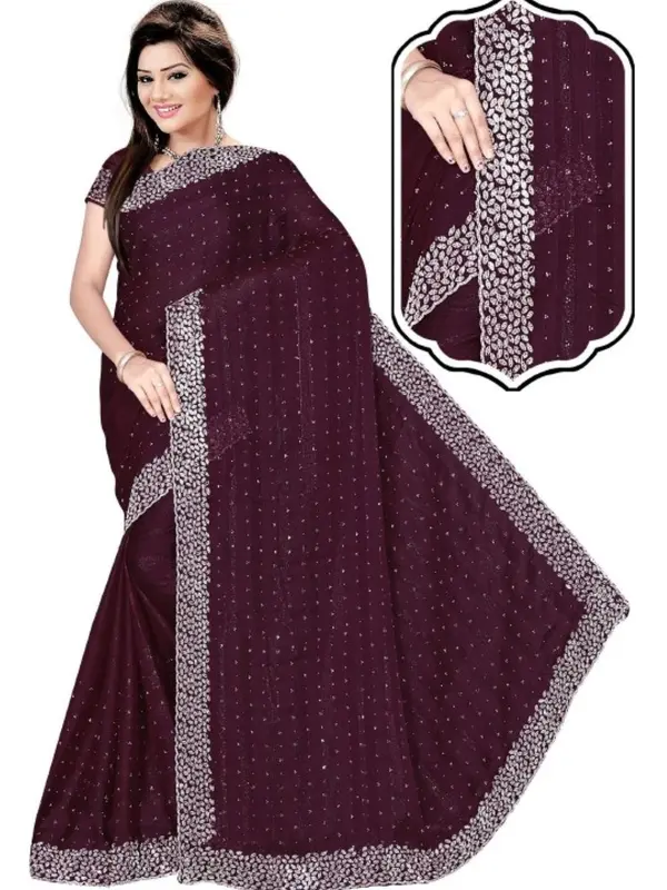 Designer Georgette Saree with Shimmer Stripes, Swarowski Work, Large Border, Unstitched Blouse, Saree 0