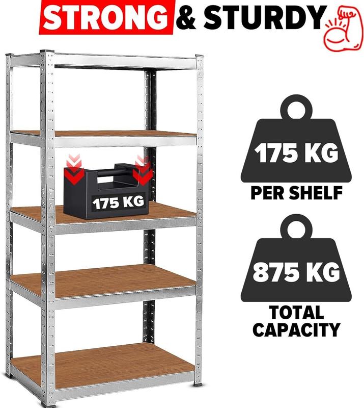 Heavy Duty 5-Tier Metal Storage Shelving Unit – Adjustable Steel Rack with MDF Shelves for Garage, Utility Room, Warehouse | 175kg Load per Shelf | 150x70x30 cm Organiser Rubber Household Smooth 3