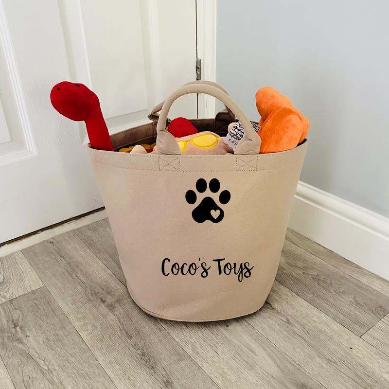 Personalised Dog Toy Basket Organiser - Felt - Grey or Beige Sand - Toy Box - Add your pet's name Gift 3