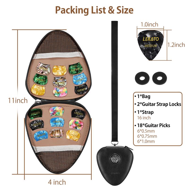 LEKATO Guitar Picks Holder with 18 Picks, Portable Leather Guitar Pick Bag, Celluloid Guitar Plectrums, Accessories for Acoustic/Electric Guitar Bass Ukulele, Gift for Guitar Beginners 3