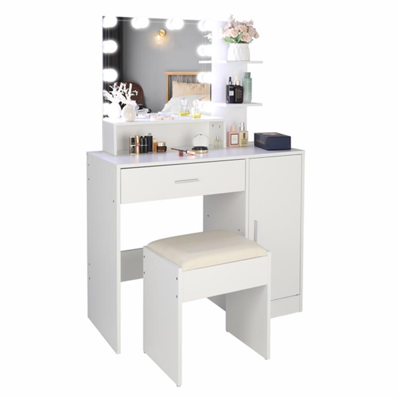 Large Vanity Set with LED Bulbs – Makeup Table with Stool, Storage Shelves, Drawer, and Cabinet – Perfect for Women and Girls, White 6