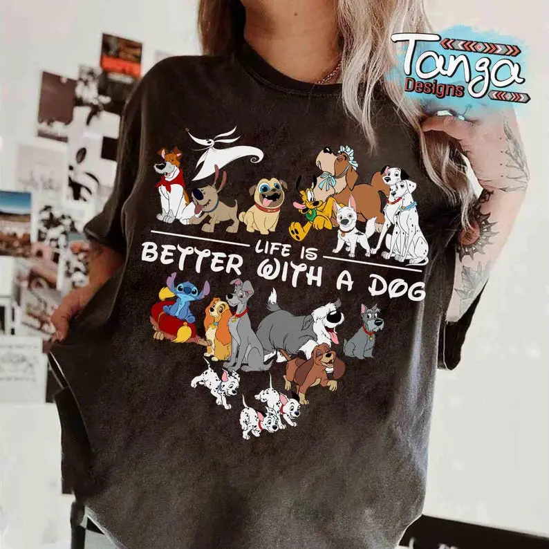 Retro Vintage Dogs Shirt, Life is Better With Dogs Shirt Cotton Top Womenswear Grey