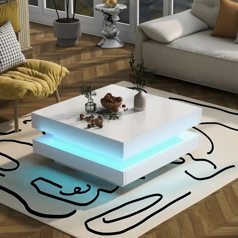 BTM Luxury Modern Furniture  70x70x36 cm Black Square High Gloss Coffee Table with 360° Rotating Top, Tea Table with 16-Color LED light 0