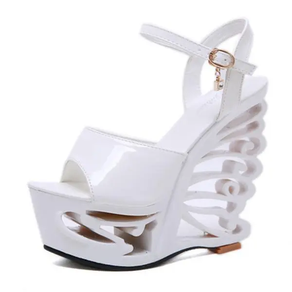 Summer Platform Sandals Women Peep Toe Fretwork Heels 15cm Wedges Heel Ankle Buckles Female Sandals Party Shoes Pumps
