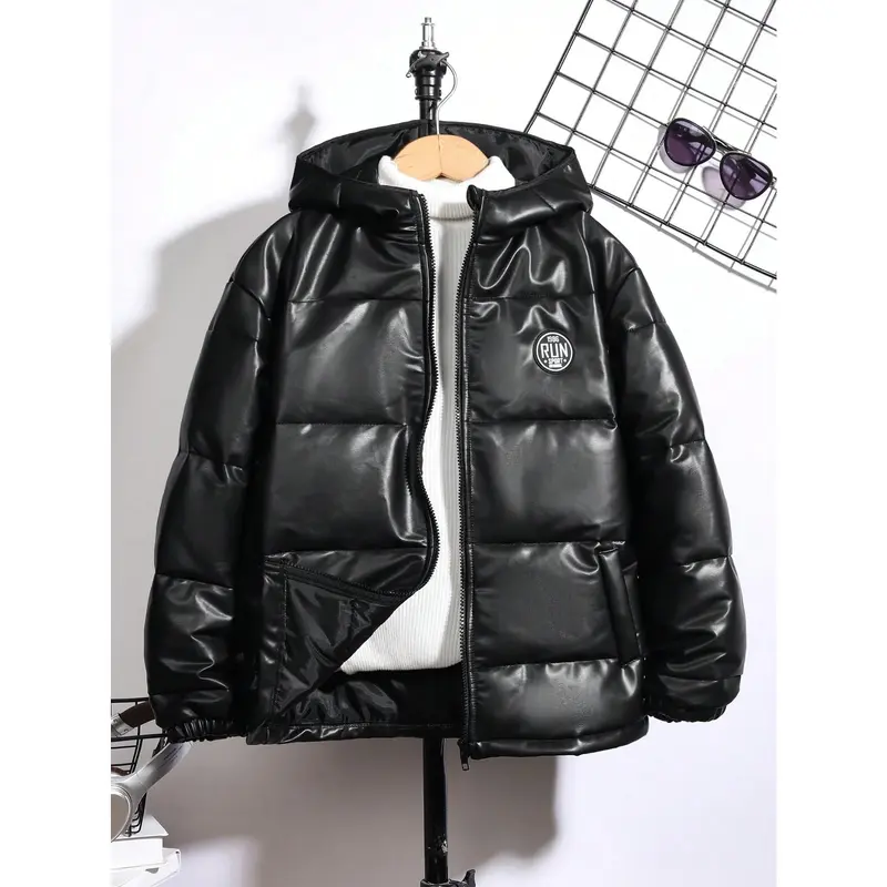 Tween Boy Casual Patch Letter Fleece Lined Hooded Zip Up Thick Winter Warm Parka Coat, Suitable For Commuting, School, Daily Casual, Travel, Sports, Autumn Winter 2