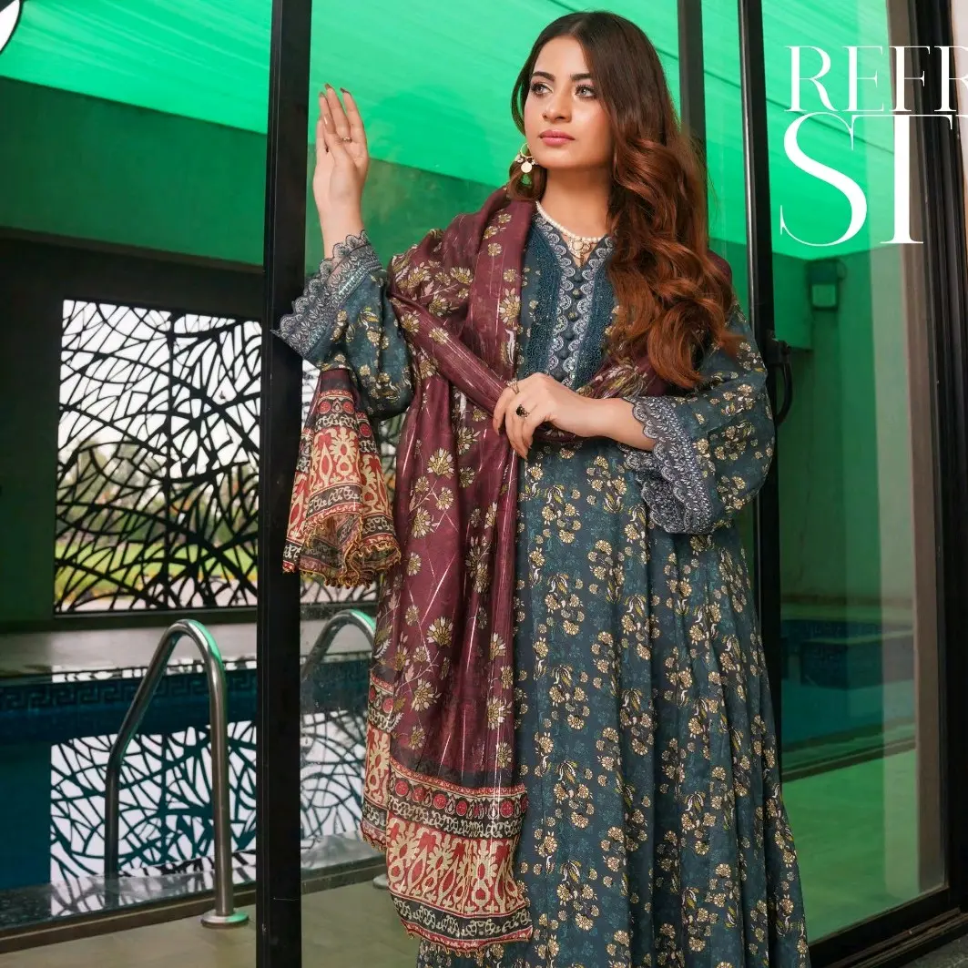 AIZA COLLECTION VOL 11 LINEN Frock with Diamond Dupatta and Plain Trousers