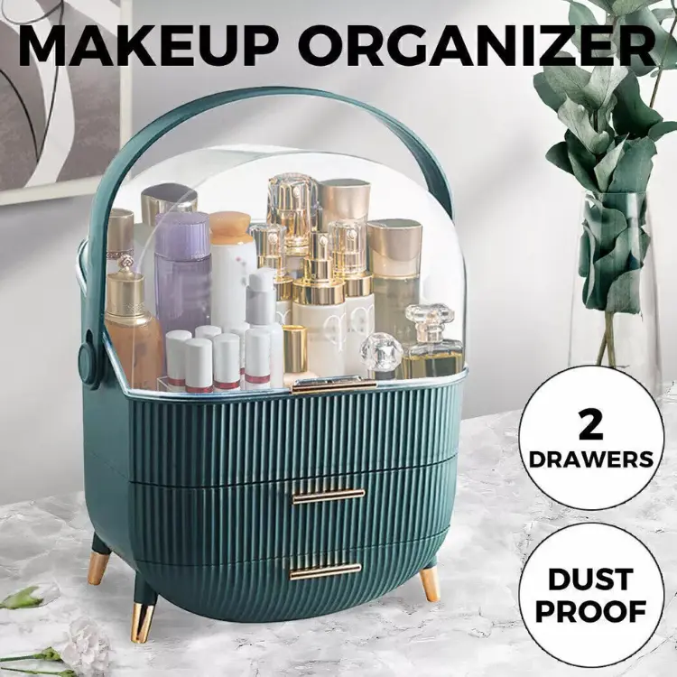 Green Transparent Multi-Function Make Up Case Dustproof Cosmetic Storage Box for Bedroom Bathroom Desktop Organiser