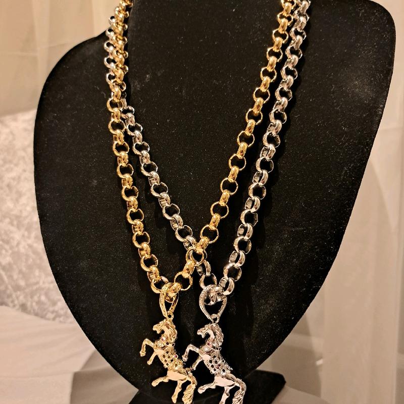 horse pendant on medium weight belcher chain gold or silver plated available stainless Steel 24inc length 3