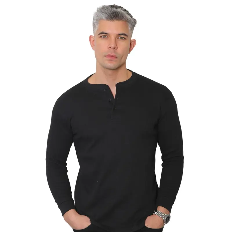 Mens Long Sleeve Henley Shirt Granded Neck Waffle Knit T-shirt Breathable and Comfortable Casual Top M - 3XL Plain Knitwear Jumper represent clothing Menswear Round Neck Grandpa Crewneck Knife Gamis Beige Biker Blue 3