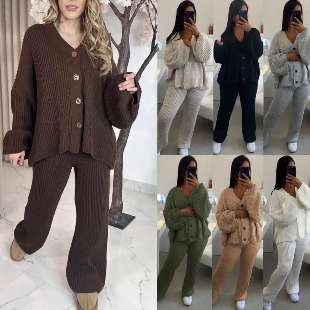 Ladies Knitted Button Cardigan and Plazoo Trouser Set - Women's Ribs Bottom - Womenswear