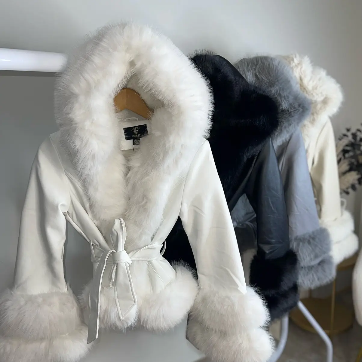 Women's Faux Leather Fur Coat with Hood and Belt - Winter Jacket for Womenswear and Jackets