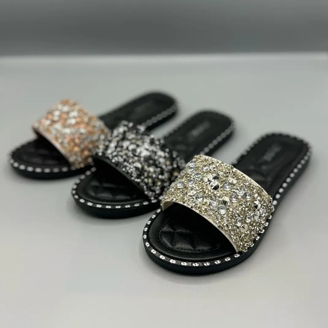 Ladies Black Silver Rose Gold Diamond Rubber Soft Lightweight Cushioned Summer Sandal Slider Shiny Women