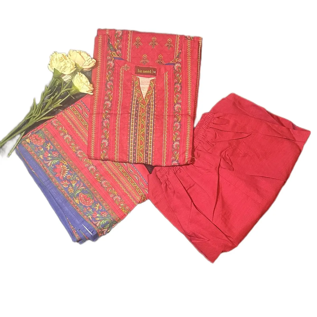 Bin Saeed Women's Khadar Printed Shirt with Plain Trousers Set - Casual, Womenswear S to XL
